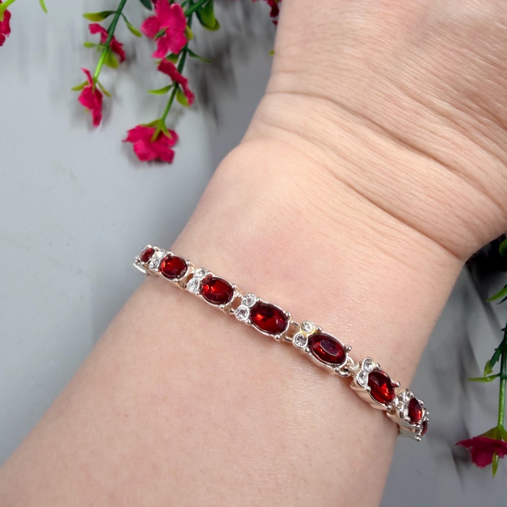 Sterling Silver Plated Red Garnet-Style Crystal Vintage Tennis Bracelet